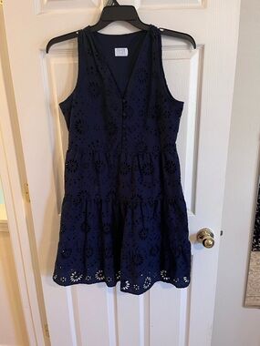 Time and Tru Navy Eyelet Tiered V-Neck Dress